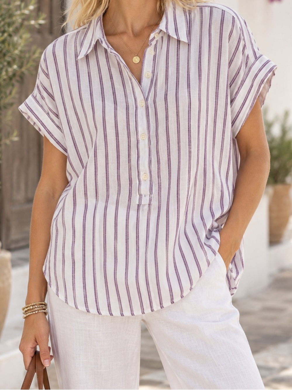 Lauren Ralph Lauren L Linen Popover Tunic Oversized Purple Stripe Coastal Luxe
